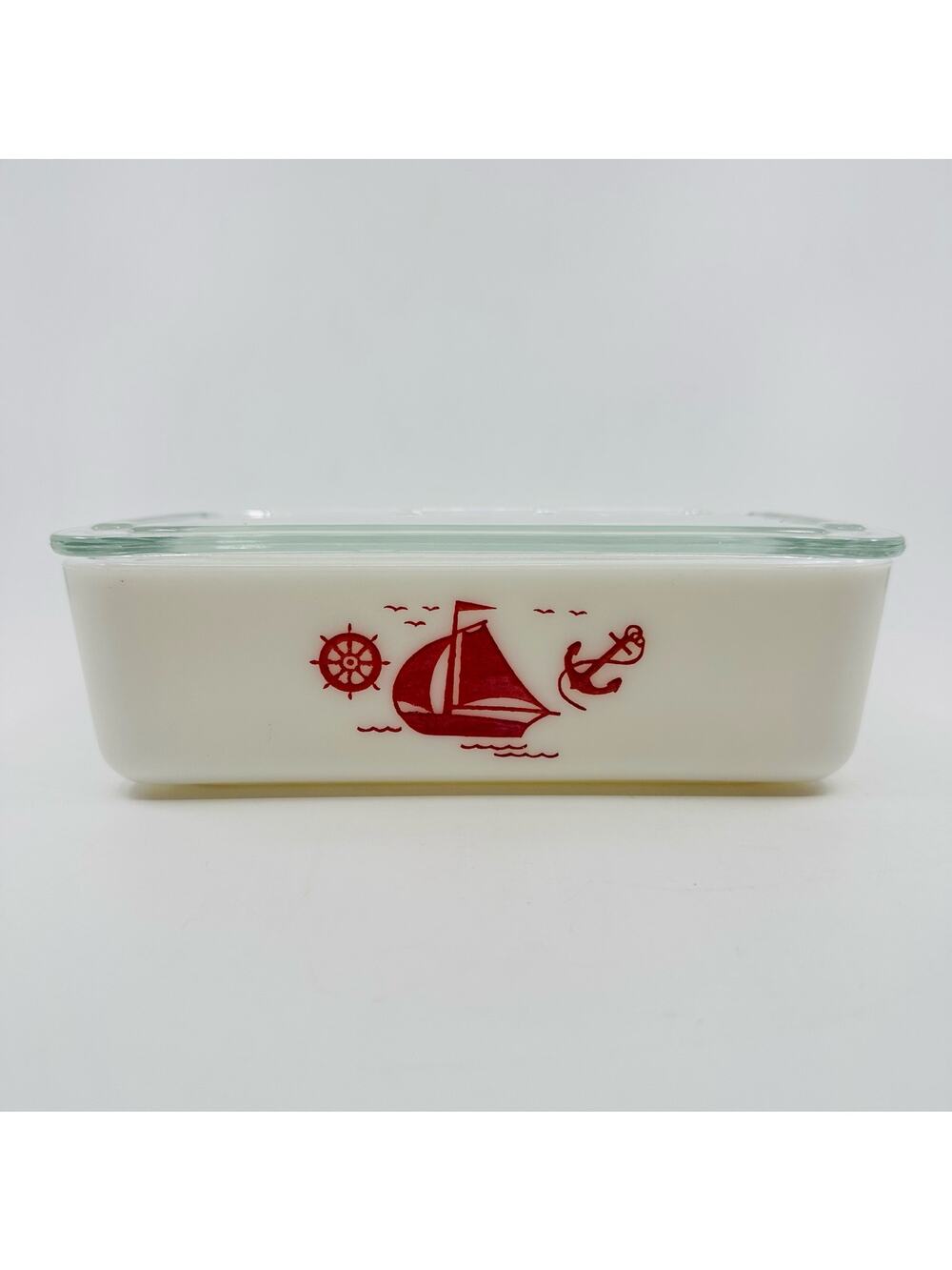 McKee Refrigerator Dish Red Transfer Sailboat White Milk Glass w/Lid Nautical